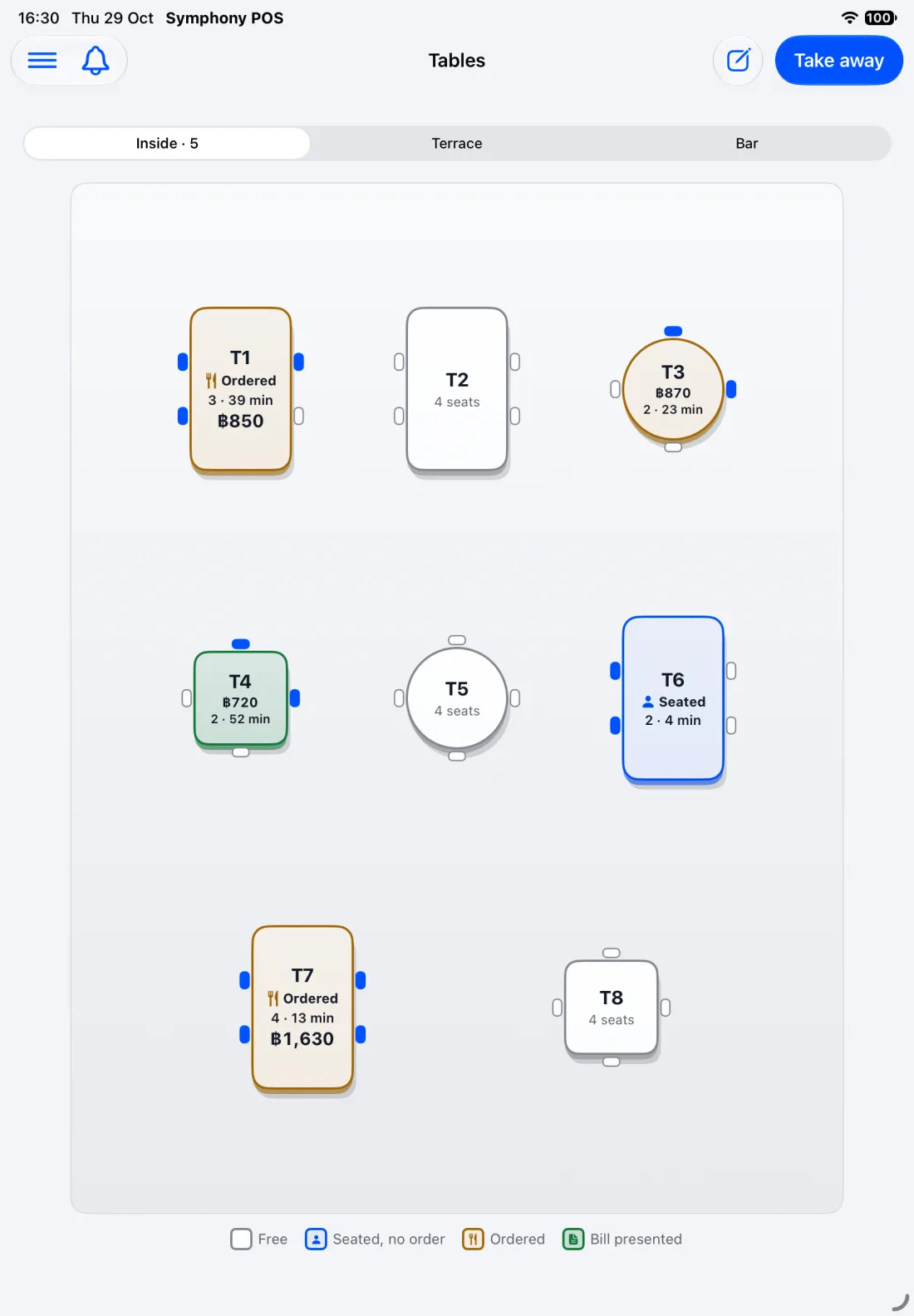 The table plan on an iPad: tables coloured by whether they are seated, ordered or waiting to pay.
