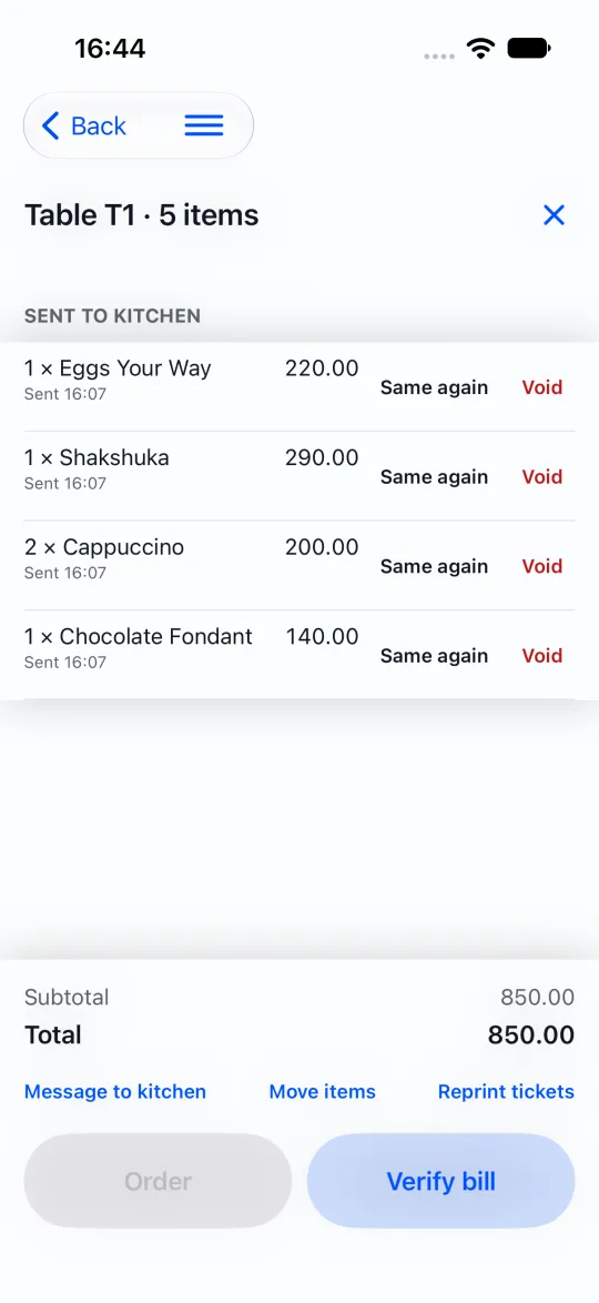 A table's order on an iPhone, sent to the kitchen.