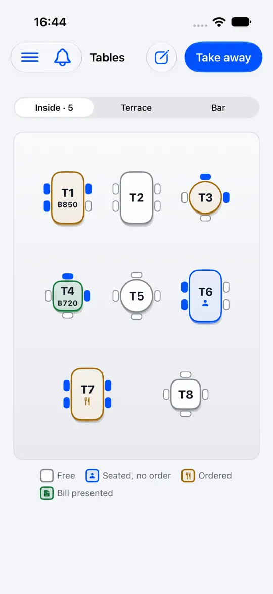 The table plan on an iPhone: tables that are ordered, seated, or waiting to pay are colour coded.